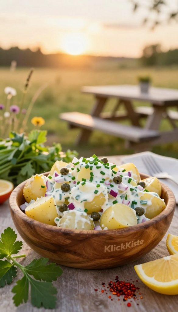 A beautifully arranged potato salad (kartoffelsalat) displayed in a rustic wooden bowl. The salad features tender boiled potatoes, finely chopped red onions, fresh chives, and a creamy dressing, garnished with capers. Surrounding the bowl are vibrant ingredients like fresh herbs, lemon wedges, and a sprinkle of paprika, creating an inviting atmosphere. In the background, a softly blurred picnic table set outdoors under a warm, sunny sky, with a gentle breeze swaying nearby wildflowers. The image is bathed in golden hour lighting, giving it a warm and cozy feel, akin to a Pinterest-inspired DIY aesthetic. The brand name "KlickKiste" subtly incorporated into the overall design, without any text or captions.