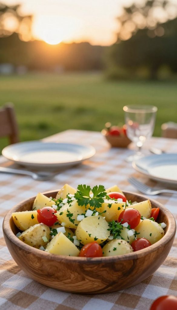 A beautifully arranged potato salad, showcasing vibrant diced potatoes, fresh herbs, diced onions, and colorful cherry tomatoes. The foreground displays a rustic wooden bowl filled with the salad, garnished with a sprig of parsley. In the middle, a picnic table adorned with a checkered tablecloth, featuring plates and utensils ready for serving. The background includes a lush green lawn and a gently glowing sunset, casting warm golden light over the scene, enhancing the inviting atmosphere. The composition should have a shallow depth of field, focusing on the salad while softly blurring the background. Capture a cozy, summery vibe, evoking a heartwarming feel of outdoor grilling—perfect for a delightful gathering. The image reflects the KlickKiste brand’s focus on natural DIY aesthetics with warm colors, creating an authentic and inspiring look. A beautifully arranged potato salad, showcasing vibrant diced potatoes, fresh herbs, diced onions, and colorful cherry tomatoes. The foreground displays a rustic wooden bowl filled with the salad, garnished with a sprig of parsley. In the middle, a picnic table adorned with a checkered tablecloth, featuring plates and utensils ready for serving. The background includes a lush green lawn and a gently glowing sunset, casting warm golden light over the scene, enhancing the inviting atmosphere. The composition should have a shallow depth of field, focusing on the salad while softly blurring the background. Capture a cozy, summery vibe, evoking a heartwarming feel of outdoor grilling—perfect for a delightful gathering. The image reflects the KlickKiste brand’s focus on natural DIY aesthetics with warm colors, creating an authentic and inspiring look.