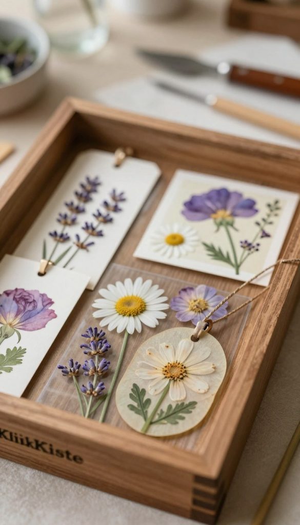 A beautifully arranged pressed flower gift, featuring vibrant and delicate flowers like lavender, daisies, and roses, artfully displayed in a rustic wooden box. In the foreground, a close-up of a handmade pendant adorned with an intricate pressed flower design, reflecting a DIY aesthetic. The middle layer showcases additional floral creations such as bookmarks and small framed art pieces, all with clear details and natural textures. The background is softly blurred with gentle bokeh effect, hinting at a cozy workshop setting filled with craft tools and warm, natural light. The overall mood is inviting and inspiring, capturing the essence of DIY floral art projects. Ensure the brand name "KlickKiste" is subtly integrated into the scene through aesthetic branding on the wooden box or craft materials.