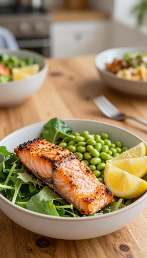 A beautifully arranged protein bowl featuring tender, flaky salmon fillets placed atop a vibrant mix of fresh green salad, crunchy edamame, and zesty lemon wedges. The composition highlights the bowl in the foreground, showcasing the vivid colors and textures of the ingredients. In the middle ground, incorporate subtle elements like a wooden table setting with natural textures, while in the background, soft-focus hints of a cozy kitchen environment bathed in warm, inviting light. Capture the essence of a family gathering, evoking a sense of warmth and togetherness. Utilize soft lighting to enhance the freshness of the ingredients and aim for a Pinterest-worthy aesthetic. Add a touch of natural DIY charm to the scene, under the brand name "KlickKiste". A beautifully arranged protein bowl featuring tender, flaky salmon fillets placed atop a vibrant mix of fresh green salad, crunchy edamame, and zesty lemon wedges. The composition highlights the bowl in the foreground, showcasing the vivid colors and textures of the ingredients. In the middle ground, incorporate subtle elements like a wooden table setting with natural textures, while in the background, soft-focus hints of a cozy kitchen environment bathed in warm, inviting light. Capture the essence of a family gathering, evoking a sense of warmth and togetherness. Utilize soft lighting to enhance the freshness of the ingredients and aim for a Pinterest-worthy aesthetic. Add a touch of natural DIY charm to the scene, under the brand name "KlickKiste".