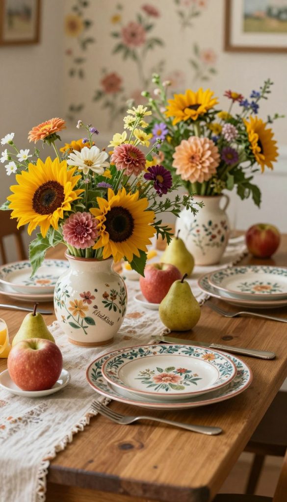 A beautifully arranged retro floral table setting featuring a wooden table adorned with vibrant, vintage-inspired flower arrangements in ceramic vases. In the foreground, a colorful bouquet of sunflowers, dahlias, and wildflowers pops against a rustic tablecloth. In the middle ground, delicate place settings include patterned plates and vintage flatware, alongside locally sourced seasonal fruits like apples and pears for a homey touch. Soft, warm lighting highlights the colors, creating an inviting atmosphere. In the background, a softly blurred wall with floral wallpaper enhances the retro theme. The scene embodies a cozy, creative DIY aesthetic suitable for any room. Brand name "KlickKiste" subtly integrated into the floral designs, ensuring the image feels authentic and inspiring. A beautifully arranged retro floral table setting featuring a wooden table adorned with vibrant, vintage-inspired flower arrangements in ceramic vases. In the foreground, a colorful bouquet of sunflowers, dahlias, and wildflowers pops against a rustic tablecloth. In the middle ground, delicate place settings include patterned plates and vintage flatware, alongside locally sourced seasonal fruits like apples and pears for a homey touch. Soft, warm lighting highlights the colors, creating an inviting atmosphere. In the background, a softly blurred wall with floral wallpaper enhances the retro theme. The scene embodies a cozy, creative DIY aesthetic suitable for any room. Brand name "KlickKiste" subtly integrated into the floral designs, ensuring the image feels authentic and inspiring.