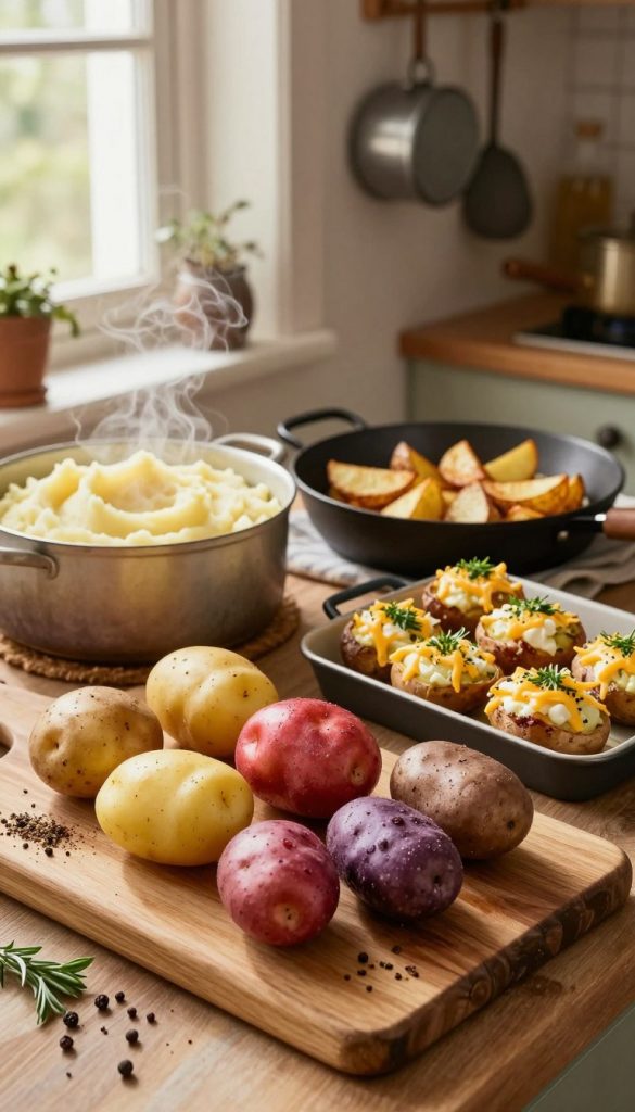 A beautifully arranged rustic kitchen scene showcasing various potato preparation methods. In the foreground, a wooden cutting board displays a diverse array of potatoes: golden, red, and purple, alongside an assortment of herbs and spices. In the middle, a steaming pot of mashed potatoes, a skillet with fried potato wedges, and a tray of baked potato skins topped with cheese and herbs create an inviting feast. In the background, warm, ambient light filters through a window, illuminating hanging pots and vintage tools, evoking a cozy home atmosphere. The overall mood is warm and inviting, with natural tones reminiscent of DIY aesthetics, embodying the brand "KlickKiste". Camera angle slightly tilted to capture the best depth.