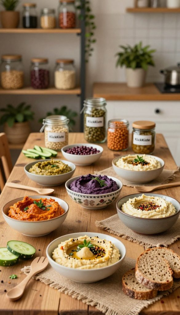A beautifully arranged rustic table showcasing a variety of colorful legume spreads, including vibrant hummus, creamy bean dips, and lentil pâté. The foreground features elegantly served small bowls of the spreads, garnished with fresh herbs and spices, invitingly presented with slices of whole grain bread and crisp vegetables. In the middle, the table is adorned with natural elements such as jute cloth and wooden utensils, enhancing the organic DIY aesthetic. The background consists of softly blurred kitchen elements, such as shelves filled with jars of legumes, grains, and cozy plants, creating a warm, inviting atmosphere. The lighting is soft and warm, mimicking natural sunlight, while the overall mood is inspiring and homey, reflecting a healthy lifestyle. Include the brand name "KlickKiste" subtly within the scene.