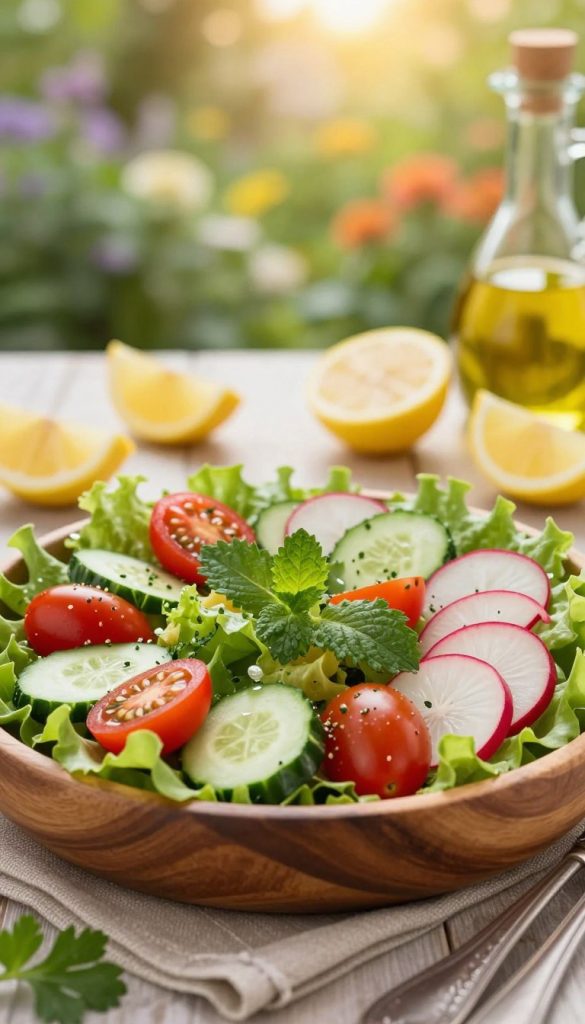 A beautifully arranged salad spread featuring a variety of colorful ingredients, including vibrant cherry tomatoes, crisp cucumber slices, refreshing green lettuce, and thinly sliced radishes, presented in an elegant wooden bowl. The salad is garnished with herbs like parsley and mint, reflecting freshness and vitality. The foreground showcases the bowl of salad with a soft focus, while in the middle ground, there are rustic serving utensils and a few scattered ingredients, such as lemon wedges and olive oil. The warm, golden lighting creates an inviting atmosphere, enhancing the textures of the vegetables. In the background, there are blurred elements of a vibrant summer garden, complementing the natural and DIY aesthetic of a KlickKiste presentation. The overall mood is cheerful and inspiring, embodying a perfect warm-weather side dish for grilling. A beautifully arranged salad spread featuring a variety of colorful ingredients, including vibrant cherry tomatoes, crisp cucumber slices, refreshing green lettuce, and thinly sliced radishes, presented in an elegant wooden bowl. The salad is garnished with herbs like parsley and mint, reflecting freshness and vitality. The foreground showcases the bowl of salad with a soft focus, while in the middle ground, there are rustic serving utensils and a few scattered ingredients, such as lemon wedges and olive oil. The warm, golden lighting creates an inviting atmosphere, enhancing the textures of the vegetables. In the background, there are blurred elements of a vibrant summer garden, complementing the natural and DIY aesthetic of a KlickKiste presentation. The overall mood is cheerful and inspiring, embodying a perfect warm-weather side dish for grilling.