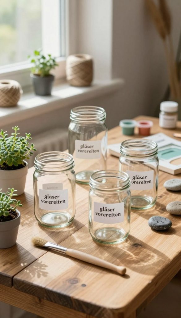 A beautifully arranged scene depicting "gläser vorbereiten" for upcycling, showcasing clean, clear glass jars in various sizes, set on a rustic wooden table. In the foreground, the jars are organized with labels and brushes, and small potted herbs add a touch of greenery. The middle ground features natural light filtering through a window, creating soft shadows and highlights on the surfaces. In the background, there are DIY supplies like twine, paints, and decorative stones to inspire creativity. The mood is warm and inviting, resembling a cozy craft corner. The color palette consists of earthy tones and soft pastels. The brand name "KlickKiste" is subtly represented through branding elements integrated into the scene, enhancing the authentic DIY vibe without overpowering the image. A beautifully arranged scene depicting "gläser vorbereiten" for upcycling, showcasing clean, clear glass jars in various sizes, set on a rustic wooden table. In the foreground, the jars are organized with labels and brushes, and small potted herbs add a touch of greenery. The middle ground features natural light filtering through a window, creating soft shadows and highlights on the surfaces. In the background, there are DIY supplies like twine, paints, and decorative stones to inspire creativity. The mood is warm and inviting, resembling a cozy craft corner. The color palette consists of earthy tones and soft pastels. The brand name "KlickKiste" is subtly represented through branding elements integrated into the scene, enhancing the authentic DIY vibe without overpowering the image.