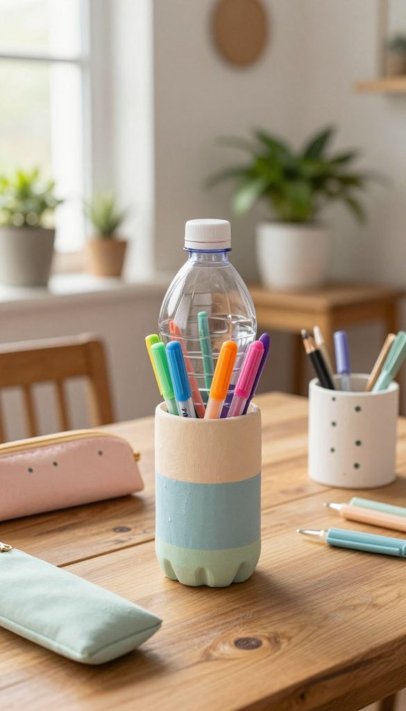 A beautifully arranged scene featuring a creative upcycled project using the upper half of a plastic bottle, transformed into a stylish utensil holder. The foreground showcases the bottle, artistically painted in pastel colors, filled with vibrant markers and pens, exuding a DIY charm. Surrounding it are smaller upcycled items like a pencil case and decorative organizers made from similar plastic mediums. In the middle ground, a soft, rustic wooden desk adds warmth, adorned with natural elements like potted plants and handmade decorations. The background features a cozy, well-lit room with warm natural lighting filtering through a window, enhancing the inviting atmosphere. This image reflects a Pinterest aesthetic, inspiring with a touch of creativity and organization, ideal for a DIY home project by KlickKiste.