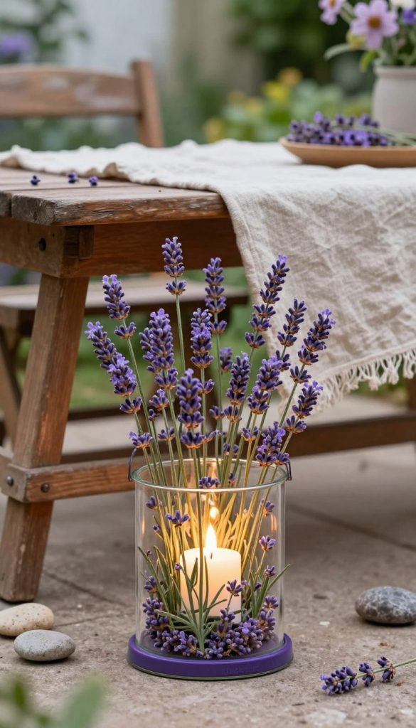 A beautifully arranged scene featuring a lavender windlight designed for a garden table decoration. In the foreground, delicate lavender stems arranged artfully in a glass lantern, illuminated softly by warm candlelight, highlighting the detailed textures of the flowers and glass. The middle ground displays rustic wooden garden furniture, adorned with natural elements like small stones and a light linen tablecloth, enhancing the cozy atmosphere. The background includes a softly blurred garden setting, with hints of green foliage and blooming flowers, evoking a serene, peaceful mood. The lighting creates a warm, inviting ambiance, reminiscent of Pinterest aesthetics, bringing an authentic and inspiring touch. This image embodies a practical yet decorative approach with a focus on insect-repelling qualities. Brand name: KlickKiste.
