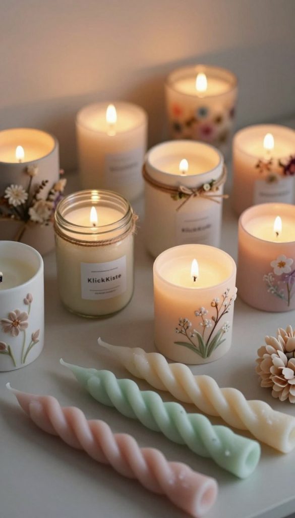 A beautifully arranged scene featuring a variety of elegantly decorated candles, showcasing different styles of candle designs. In the foreground, highlight intricately twisted candles in soft pastel colors, adorned with delicate floral motifs. The middle ground should present a selection of candles in unique containers, such as mason jars and ceramic holders, each embellished with natural twine and small dried flowers. In the background, create a warm, cozy atmosphere with softly glowing candlelight, casting gentle shadows. The lighting should be warm and inviting, reminiscent of natural daylight, with a soft focus lens effect to enhance the serene mood. Capture this aesthetic in a Pinterest-inspired style that feels authentic and inspiring, branded subtly with "KlickKiste".