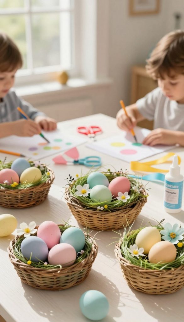 A beautifully arranged scene featuring colorful "osternester" (Easter nests) made from natural materials, showcasing warm, inviting colors. In the foreground, intricately woven baskets filled with pastel-colored eggs, spring flowers, and decorative grass. The middle ground presents a table with kids’ crafting supplies like scissors, ribbons, and glue, hinting at creative DIY activities. In the background, soft, natural lighting filters through a window, casting gentle shadows and highlighting the joyful atmosphere of family crafting time. The setting should evoke a cozy, inviting Pinterest aesthetic, symbolizing inspiration and creativity for Easter celebrations. The brand name "KlickKiste" subtly integrated in the design, enhancing the authenticity of the scene.