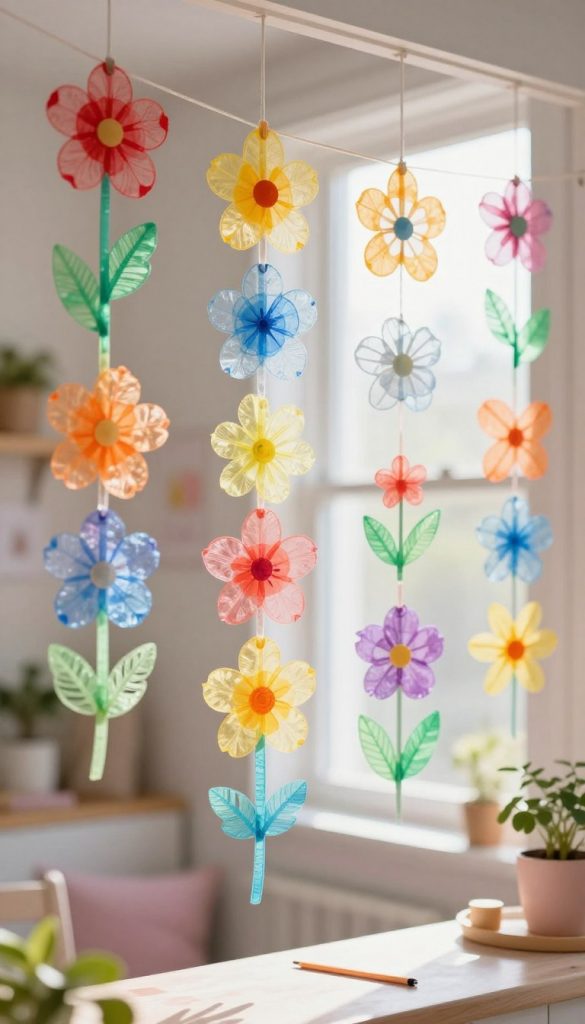 A beautifully arranged scene featuring delicate translucent rainbow-colored tissue paper cutouts, shaped as flowers and leaves, hanging as a garland against a softly lit window. The foreground showcases the vibrant paper designs in rich, transparent hues of red, orange, yellow, green, blue, and violet, catching the light and casting colorful shadows. In the middle, the garland sways gently, creating a sense of movement. The background is a cozy, softly illuminated room with hints of pastel decor and potted plants, enhancing the spring atmosphere. The overall mood is warm, cheerful, and inspiring, perfect for a DIY crafting theme. The brand "KlickKiste" is subtly implied in the crafting style, inviting creativity in a Pinterest-worthy setting.