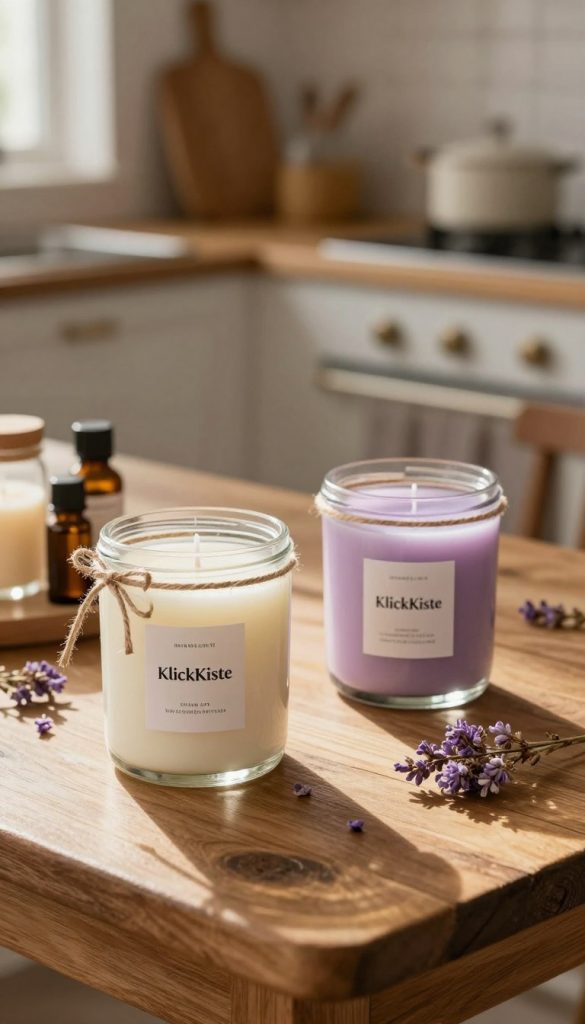 A beautifully arranged scene featuring homemade scented candles in elegant glass jars, sitting on a rustic wooden table. The foreground showcases two jars: one filled with a creamy white candle and the other with a soft lavender hue, both adorned with natural twine and dried flowers. In the middle ground, hints of essential oils and wax supplies subtly blend into the setting, while the background highlights a softly lit kitchen with warm, ambient lighting illuminating the cozy atmosphere. A light ray gently cascades through a window, enhancing the warm colors of the scene, evoking a sense of inspiration and DIY creativity. The setting should reflect the brand "KlickKiste" and have a Pinterest-worthy aesthetic, inviting viewers to explore the art of crafting personalized gifts for Mother's Day.