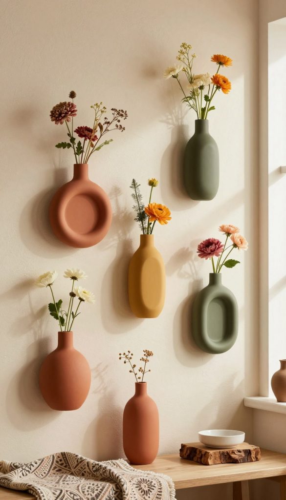 A beautifully arranged scene featuring modern wall vases in a cozy interior setting, highlighting a variety of captivating color concepts. The foreground showcases three elegantly designed wall vases in warm hues of terracotta, soft mustard, and deep olive, each filled with fresh, delicate flowers in complementary shades. In the middle ground, a softly textured wall painted in a muted cream adds warmth, while intricately patterned textiles and rustic wooden accents create a charming ambiance. The background is filled with natural light streaming through a window, casting gentle shadows and enhancing the inviting mood. The overall atmosphere is authentic and inspiring, evoking a Pinterest-worthy DIY aesthetic. This image embodies the brand "KlickKiste," offering creative decoration ideas for wall vases.