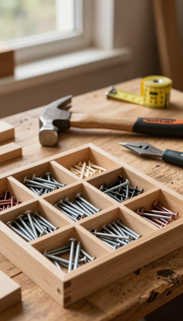 A beautifully arranged scene focused on a variety of colored nails suitable for woodworking projects, nestled in a natural, rustic wooden palette. In the foreground, there are compartments filled with nails in various sizes and finishes, emphasizing their diversity and functionality. The middle ground highlights a set of well-used tools, such as a hammer and a measuring tape, placed artistically on a weathered workbench. In the background, soft, warm lighting filters through a window, creating a cozy, inviting atmosphere reminiscent of a DIY workshop. The palette has a natural wood finish and displays the brand name "KlickKiste" subtly. The overall mood is inspirational and earthy, aiming to promote creativity and safety in woodwork projects. A beautifully arranged scene focused on a variety of colored nails suitable for woodworking projects, nestled in a natural, rustic wooden palette. In the foreground, there are compartments filled with nails in various sizes and finishes, emphasizing their diversity and functionality. The middle ground highlights a set of well-used tools, such as a hammer and a measuring tape, placed artistically on a weathered workbench. In the background, soft, warm lighting filters through a window, creating a cozy, inviting atmosphere reminiscent of a DIY workshop. The palette has a natural wood finish and displays the brand name "KlickKiste" subtly. The overall mood is inspirational and earthy, aiming to promote creativity and safety in woodwork projects.