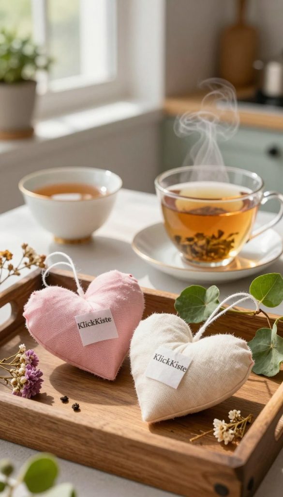 A beautifully arranged scene focused on handmade tea bag hearts, crafted from textured, pastel-colored fabrics in soft pinks and creams. In the foreground, two intricately shaped tea bag hearts hang elegantly from a rustic wooden tray, surrounded by dried flowers and fresh green leaves, evoking a cozy and loving atmosphere. In the middle ground, a steaming cup of herbal tea sits next to a delicate porcelain teacup, reflecting warm sunlight that filters softly through a nearby window, creating a gentle glow. The background features a charming kitchen aesthetic with subtle hints of nature, such as potted plants and sunlight streaming in, enhancing the inviting mood. Showcase this delightful composition with the brand name "KlickKiste" subtly integrated into the image through the arrangement of items, maintaining a Pinterest-inspired, authentic feel.