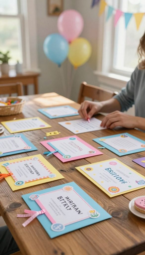 A beautifully arranged scene of DIY birthday invitations spread out on a rustic wooden table. The foreground features colorful, handcrafted invitations in vibrant shades of blue, pink, and yellow, embellished with stickers, ribbons, and drawings. In the middle, a pair of hands, modestly dressed in casual clothing, work on a new invitation, carefully applying decorative elements. The background showcases a soft focus of a cozy, sunlit room adorned with festive decorations like balloons and streamers, creating a warm, inviting atmosphere. Natural light filters through a nearby window, casting gentle shadows and highlighting the textures of the materials. This image captures the essence of DIY creativity for children's birthday celebrations, inspired by KlickKiste, evoking feelings of joy and anticipation.