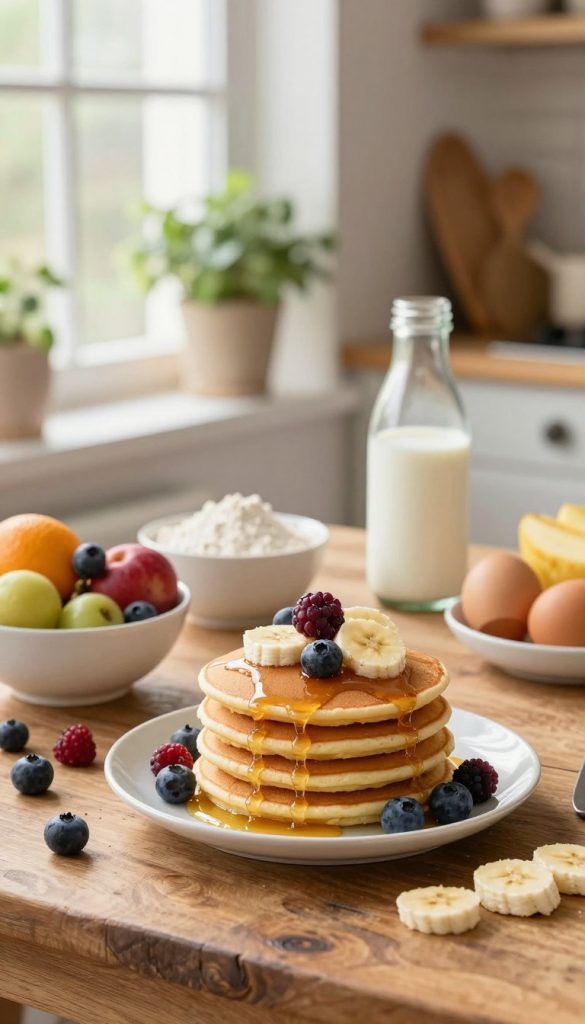 A beautifully arranged scene of fluffy pancakes on a rustic wooden table, surrounded by fresh ingredients. In the foreground, a stack of golden-brown pancakes drizzled with maple syrup and topped with sliced bananas and berries. To the sides, bowls filled with vibrant fruits, flour, eggs, and a bottle of milk. In the middle ground, natural light streams in from a nearby window, illuminating the scene with a warm, inviting glow. The background features a cozy kitchen setting, with soft-focus herbal plants and kitchen utensils, enhancing the homey feel. The image conveys a sense of healthy eating for children, with a Pinterest-inspired aesthetic, embodying authenticity and inspiration. Include the brand name "KlickKiste" subtly integrated into the setting for branding purposes.