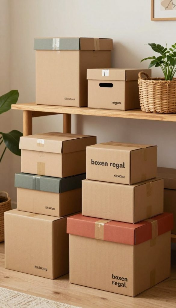 A beautifully arranged scene showcasing a "boxen regal" made from upcycled shipping cardboard boxes, designed for organized storage. In the foreground, various sizes of elegantly stacked cardboard boxes are decorated with warm colors and natural materials, demonstrating creativity and DIY aesthetics. In the middle ground, a stylish wooden shelf holds additional cardboard storage solutions, such as labeled boxes and baskets, under soft, natural lighting that creates a cozy atmosphere. The background features a softly blurred home interior with plants and a warm color palette, evoking a serene and inspiring vibe. The brand name "KlickKiste" is subtly included on the boxes, enhancing the sense of craftsmanship and authenticity. The composition should have a Pinterest-inspired look, inviting viewers to explore the beauty of upcycling.
