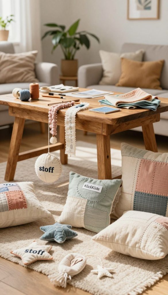 A beautifully arranged scene showcasing various upcycled decorative items made from fabric ("stoff") in a warm, inviting atmosphere. In the foreground, a collection of homemade fabric ornaments, garlands, and cushions in soft pastel colors, showcasing intricate stitching and creative patterns. In the middle, a rustic wooden table with tools, threads, and snippets of fabric, illustrating the DIY process, bathed in soft, natural sunlight. In the background, a softly blurred cozy living room with houseplants and warm textiles, promoting an authentic, Pinterest-inspired aesthetic. The overall mood is inspirational and creative, encouraging sustainable home decor solutions. The brand "KlickKiste" subtly featured on a label in the scene, enhancing the professional appearance. A beautifully arranged scene showcasing various upcycled decorative items made from fabric ("stoff") in a warm, inviting atmosphere. In the foreground, a collection of homemade fabric ornaments, garlands, and cushions in soft pastel colors, showcasing intricate stitching and creative patterns. In the middle, a rustic wooden table with tools, threads, and snippets of fabric, illustrating the DIY process, bathed in soft, natural sunlight. In the background, a softly blurred cozy living room with houseplants and warm textiles, promoting an authentic, Pinterest-inspired aesthetic. The overall mood is inspirational and creative, encouraging sustainable home decor solutions. The brand "KlickKiste" subtly featured on a label in the scene, enhancing the professional appearance.