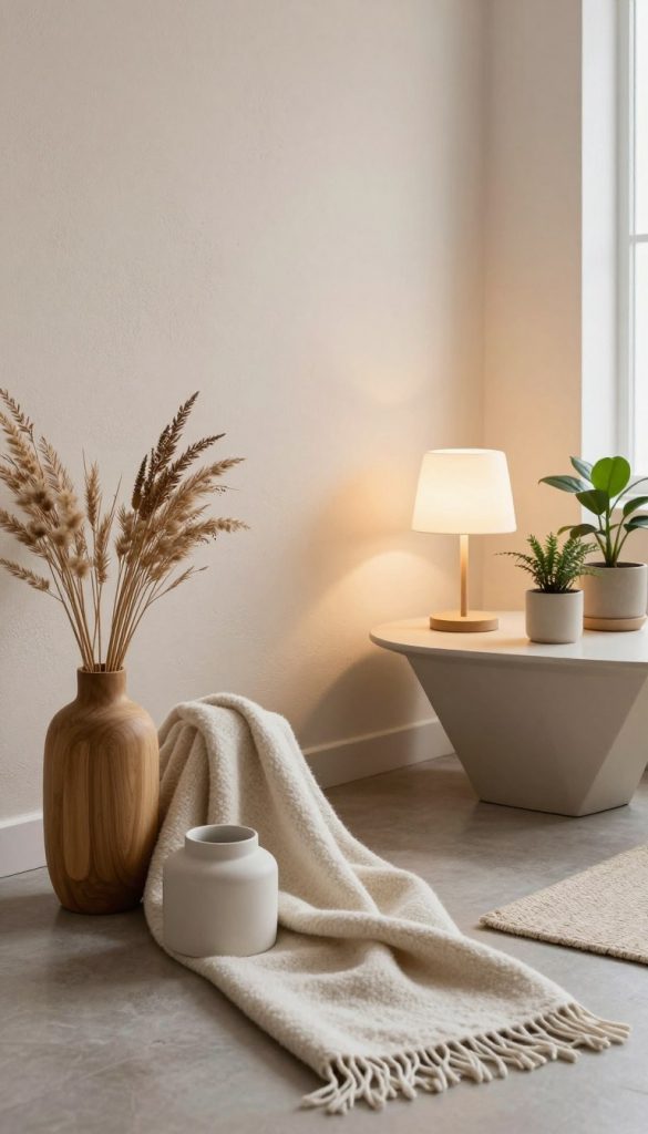 A beautifully arranged selection of durable home accessories inspired by Scandinavian modern design, showcasing items from the brand "KlickKiste." In the foreground, feature a cozy selection of natural materials: a handcrafted wooden vase with dried flowers, a soft wool throw blanket draped casually, and sleek ceramic decorative objects. In the middle ground, include a stylish coffee table with geometric shapes, a minimalist lamp casting warm light, and small potted plants adding a fresh touch. The backdrop consists of a tastefully decorated wall with subtle textures and light pastel colors, enhancing the warm and inviting atmosphere. Use soft, diffused lighting from a nearby window, capturing the essence of a Pinterest-worthy DIY space, with an authentic and inspiring mood that highlights quality and longevity in home decor.