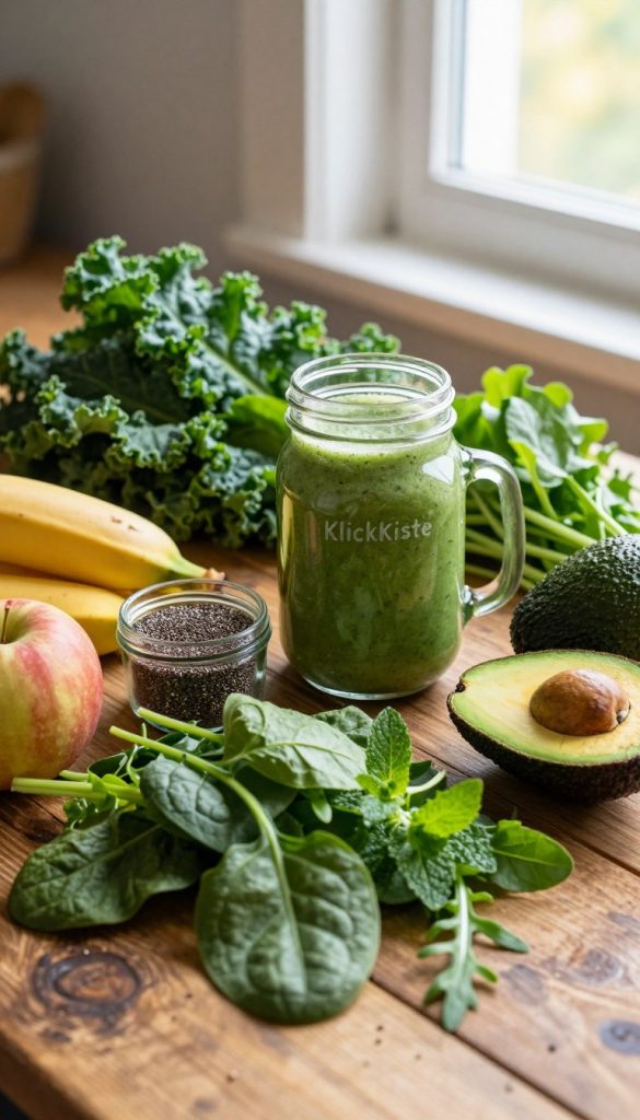 A beautifully arranged selection of fresh leafy greens such as spinach, kale, and arugula, set on a rustic wooden table. The foreground features vibrant green leaves mixed with ripe fruits like bananas, apples, and ripe avocados, alongside a small jar of chia seeds and a sprig of mint. The middle of the image showcases a vibrant mason jar filled with a green smoothie, capturing the rich texture of blended ingredients. In the background, soft, natural sunlight filters through a nearby window, casting warm, inviting light that enhances the earthy tones. The overall mood is fresh, natural, and inspiring, embodying a cozy kitchen atmosphere suitable for healthy living. This image reflects the essence of "KlickKiste," showcasing natural DIY inspirations with a Pinterest aesthetic.