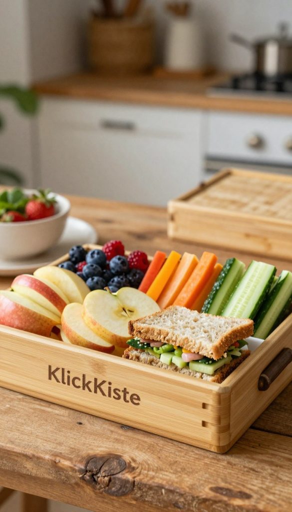 A beautifully arranged selection of healthy cold snacks, perfect for a lunchbox, featuring colorful fresh fruits like sliced apples, berries, and vibrant cucumber sticks alongside wholesome mini sandwiches and crunchy veggie sticks. The foreground showcases a rustic wooden table adorned with a handcrafted bamboo lunchbox labeled "KlickKiste," highlighting the natural textures of the wood. In the middle, a delicate arrangement of snacks is displayed on a simple ceramic plate, with a soft focus on the food’s vibrant colors. The background features a blurred natural setting with soft, warm lighting, reminiscent of a cozy and inviting kitchen atmosphere. The overall mood is authentic and inspiring, echoing a Pinterest-worthy aesthetic that emphasizes simplicity and nourishment. Ideal for a cheerful lunch while maintaining a healthy lifestyle.