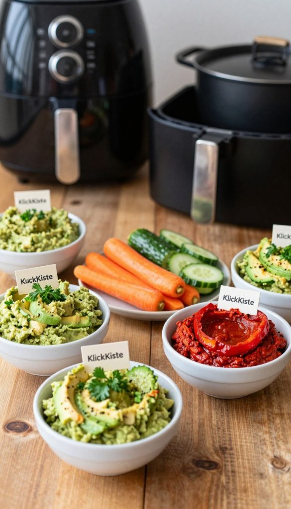 A beautifully arranged selection of homemade "aufstrich" spreads on a rustic wooden table, featuring vibrant colors and textures that evoke a cozy and inviting atmosphere. In the foreground, a creamy avocado spread garnished with fresh herbs sits next to a rich roasted red pepper dip, both presented in small white bowls. In the middle, an assortment of colorful vegetables like carrots and cucumber slices are artfully arranged for dipping. The background features a stylish air fryer and a set of pots and pans, hinting at the cooking process. The scene is softly lit with warm, natural lighting, creating a Pinterest-worthy aesthetic that feels both authentic and inspiring. The brand "KlickKiste" is subtly incorporated into the scene through a small, elegant tag on one of the spreads.