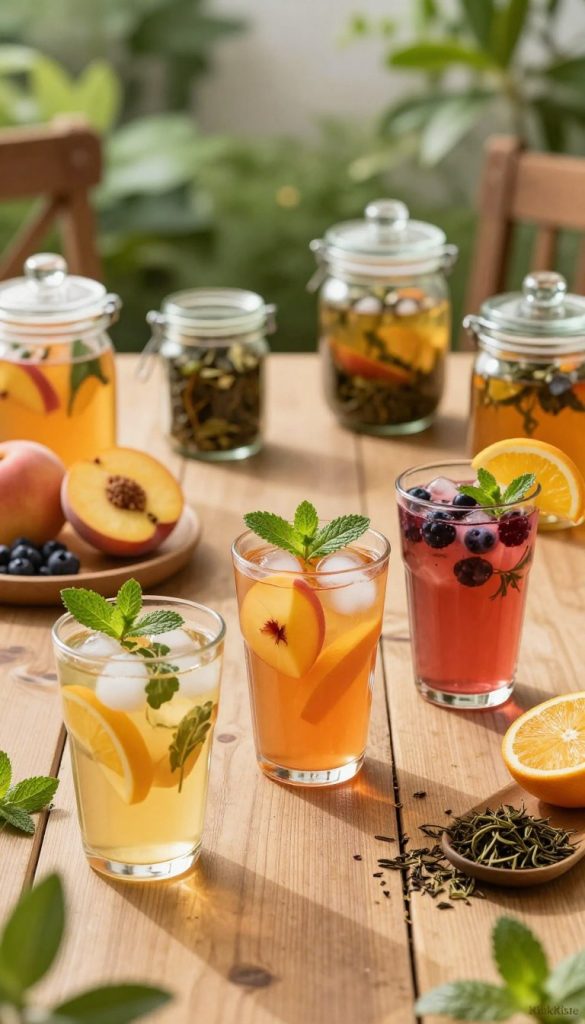 A beautifully arranged selection of homemade iced teas, showcasing vibrant colors and diverse ingredients. In the foreground, three elegant glasses filled with refreshing fruit-infused iced tea, such as peach, berry, and herbal variants, each garnished with fresh mint and slices of citrus. The middle ground features an inviting wooden table adorned with an array of colorful fruits, herbs, and glass jars filled with loose tea leaves, enhancing the natural DIY aesthetic. Soft, warm lighting creates an inviting atmosphere, reminiscent of a sunlit summer afternoon. The background is softly blurred, hinting at a lush garden setting, enhancing the tranquil mood. Capture this scene with a shallow depth of field, focusing on the iced tea and ingredients while branding it subtly with "KlickKiste" in the corner.
