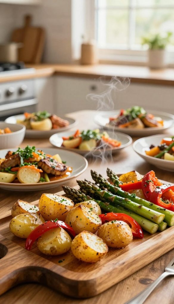 A beautifully arranged selection of oven-roasted side dishes, featuring vibrant vegetables like golden roasted potatoes, bright red bell peppers, and green asparagus, all garnished with fresh herbs. The foreground showcases a rustic wooden platter, adding a warm, inviting touch. In the middle, various dishes are plated artistically, emphasizing texture and color, with steam rising to suggest warmth and freshness. The background softly blurs to reveal a cozy kitchen setting, illuminated by warm, natural light filtering through a window, creating a homely atmosphere. The overall mood is inspiring and authentic, reminiscent of a Pinterest-worthy DIY aesthetic. Branding is subtly indicated as "KlickKiste" in the scene. A beautifully arranged selection of oven-roasted side dishes, featuring vibrant vegetables like golden roasted potatoes, bright red bell peppers, and green asparagus, all garnished with fresh herbs. The foreground showcases a rustic wooden platter, adding a warm, inviting touch. In the middle, various dishes are plated artistically, emphasizing texture and color, with steam rising to suggest warmth and freshness. The background softly blurs to reveal a cozy kitchen setting, illuminated by warm, natural light filtering through a window, creating a homely atmosphere. The overall mood is inspiring and authentic, reminiscent of a Pinterest-worthy DIY aesthetic. Branding is subtly indicated as "KlickKiste" in the scene.