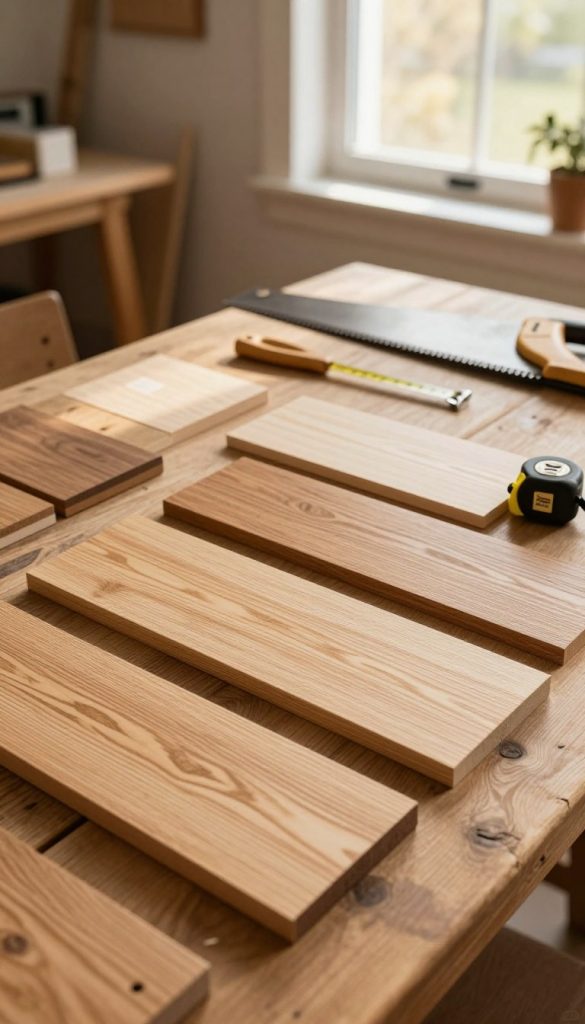 A beautifully arranged selection of wooden planks showcasing various types of woods suitable for DIY wall panels. In the foreground, vibrant samples of pine, oak, and maple, each with distinct textures and grains, are neatly laid out on a rustic wooden table. The middle ground features a cozy workshop setting, with tools like a saw and measuring tape artistically placed among the wood samples, hinting at a creative atmosphere. In the background, soft, warm sunlight filters through a window, illuminating the scene and casting gentle shadows, enhancing the natural look. The overall mood is inspiring and authentic, reminiscent of Pinterest aesthetics. The brand "KlickKiste" is subtly referenced through a stylish logo on one of the tools, maintaining a professional feel without distractions.