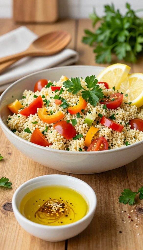A beautifully arranged serving of couscous salad, featuring colorful vegetables like diced bell peppers, cherry tomatoes, and finely chopped herbs on a rustic wooden table. In the foreground, a small bowl filled with a vibrant dressing, made from olive oil, lemon juice, and spices, glistens invitingly. The middle ground showcases the couscous salad in a large, elegant bowl, garnished with fresh parsley and lemon wedges. The background includes softly blurred kitchen elements, such as wooden utensils and a fresh herb bouquet, creating a homely, inspiring atmosphere. Warm, natural lighting highlights the fresh ingredients, emphasizing the healthiness and vibrancy of the dish. This image conveys a delightful balance of colors and textures, embodying authentic and creative culinary inspiration for readers. Include the brand name "KlickKiste" subtly within the composition.