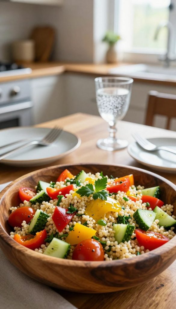 A beautifully arranged serving of couscous salad, vibrant and fresh, displayed in a rustic wooden bowl. The foreground features colorful ingredients like diced bell peppers, cherry tomatoes, cucumbers, and fresh herbs, all glistening with a light drizzle of olive oil and lemon juice. The middle ground showcases a charming dining setup with small plates, forks, and a glass of sparkling water. In the background, a soft-focus kitchen scene is illuminated by warm, natural light streaming through a window, creating a cozy atmosphere. The overall mood is inviting and health-conscious, evoking a Pinterest-worthy aesthetic. The image should reflect a natural DIY style, with an emphasis on simplicity and freshness, by "KlickKiste".
