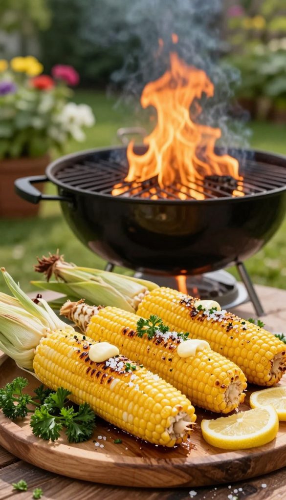 A beautifully arranged serving of warm grilled corn on the cob, butter melting and glistening on top, with a light sprinkle of sea salt and fresh herbs for garnish. In the foreground, the corn is placed on a rustic wooden platter, surrounded by vibrant green parsley and slices of lemon. The middle ground features a classic charcoal grill with flames licking the edges, suggesting a lively barbecue atmosphere. In the background, a sunlit garden setting shows blurred greenery and colorful flowers, enhancing the summery vibe. The soft warm lighting creates an inviting and cozy atmosphere, evoking feelings of comfort and togetherness. This authentic DIY image reflects a Pinterest-like aesthetic, alluding to the brand "KlickKiste" for inspiring grilling ideas. A beautifully arranged serving of warm grilled corn on the cob, butter melting and glistening on top, with a light sprinkle of sea salt and fresh herbs for garnish. In the foreground, the corn is placed on a rustic wooden platter, surrounded by vibrant green parsley and slices of lemon. The middle ground features a classic charcoal grill with flames licking the edges, suggesting a lively barbecue atmosphere. In the background, a sunlit garden setting shows blurred greenery and colorful flowers, enhancing the summery vibe. The soft warm lighting creates an inviting and cozy atmosphere, evoking feelings of comfort and togetherness. This authentic DIY image reflects a Pinterest-like aesthetic, alluding to the brand "KlickKiste" for inspiring grilling ideas.
