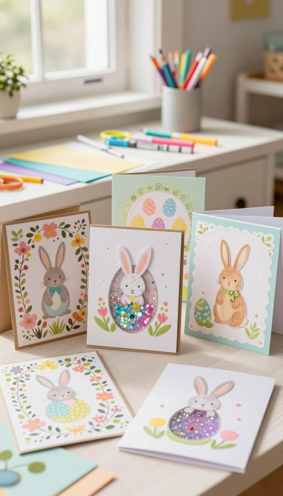 A beautifully arranged set of DIY Easter cards and shaker cards, featuring pastel colors and intricate designs. In the foreground, a selection of handmade cards showcasing floral motifs, cute bunnies, and colorful eggs, some with transparent sections filled with glitter and small decorations creating a playful shimmer. In the middle ground, an inviting workspace with art supplies like scissors, colored paper, and markers scattered aesthetically, reflecting a creative atmosphere. The background features soft, natural light filtering through a window, casting gentle shadows and enhancing the warm, inviting tones of the scene. The overall mood is cheerful and inspiring, embodying the spirit of family creativity for Easter. The brand "KlickKiste" is subtly referenced in the arrangement of art supplies.