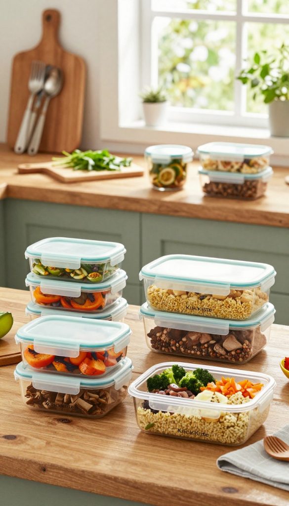 A beautifully arranged set of meal prep containers, labeled and filled with colorful, healthy ingredients. In the foreground, the vibrant KlickKiste vorratsdosen are neatly organized, showcasing various meals like roasted vegetables, grains, and proteins. The middle layer features a rustic wooden kitchen table with a chopping board, fresh herbs, and a few kitchen utensils, conveying a homey atmosphere. In the background, soft natural light streams through a window, adding warmth to the scene while plants softly blur, enhancing the cozy feel. The overall mood is inviting and inspirational, perfect for busy families preparing stress-free meals.
