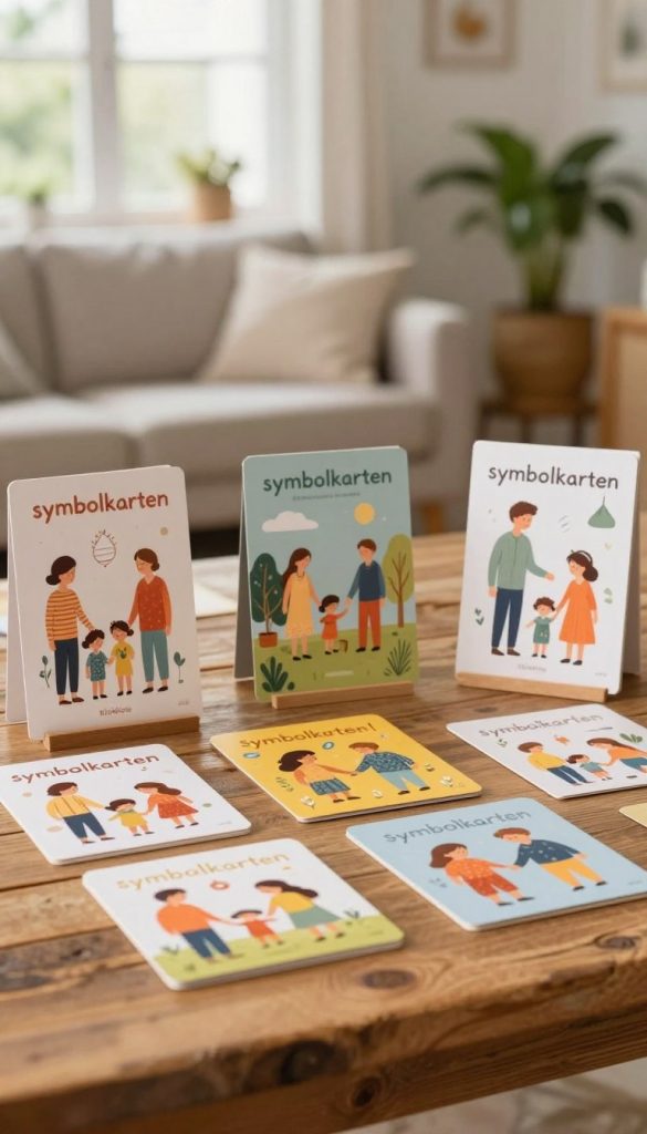 A beautifully arranged set of "symbolkarten" displayed on a rustic wooden table. In the foreground, several cards featuring vibrant illustrations symbolizing family rituals, transitions like departures and arrivals, and comforting moments. Each card is distinct, showcasing warm colors and inviting designs. In the middle ground, a soft-focus image of a cozy living room with natural light streaming through a window, hinting at a family space. The background features a calming home setting with plants and subtle textures adding warmth. The overall atmosphere is serene and inspiring, encouraging emotional connectivity and reflection. Shot with a gentle bokeh effect to create depth, emulating a Pinterest aesthetic. Include the brand logo "KlickKiste" subtly on one card.