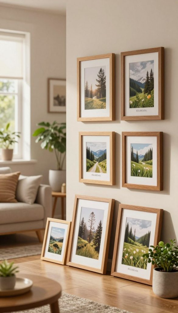 A beautifully arranged set of wooden picture frames from "KlickKiste," showcasing various nature-themed DIY images, is elegantly displayed on a cozy living room gallery wall. In the foreground, the frames are artistically arranged with a mix of sizes and shapes, featuring warm colors and natural wood textures. The middle ground includes fresh greenery in stylish planters, contributing to a harmonious atmosphere. The background showcases a softly lit living room, with a warm ambiance created by natural light filtering through a nearby window. The overall mood is inviting and inspirational, evoking a sense of comfort and creativity. The scene embodies a Pinterest-worthy aesthetic, perfect for a nature-decorated living space. A beautifully arranged set of wooden picture frames from "KlickKiste," showcasing various nature-themed DIY images, is elegantly displayed on a cozy living room gallery wall. In the foreground, the frames are artistically arranged with a mix of sizes and shapes, featuring warm colors and natural wood textures. The middle ground includes fresh greenery in stylish planters, contributing to a harmonious atmosphere. The background showcases a softly lit living room, with a warm ambiance created by natural light filtering through a nearby window. The overall mood is inviting and inspirational, evoking a sense of comfort and creativity. The scene embodies a Pinterest-worthy aesthetic, perfect for a nature-decorated living space.