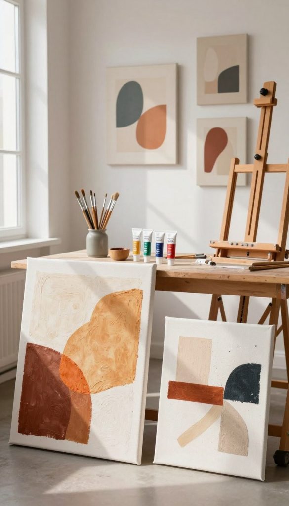 A beautifully arranged setup showcasing a DIY canvas art studio scene. In the foreground, a vibrant selection of textured canvas paintings, displaying abstract designs in warm, natural colors that evoke inspiration. The middle ground features paintbrushes, tubes of premium paint, and a wooden easel, suggesting the process of creation. Soft natural lighting filters through a nearby window, casting gentle shadows that enhance the cozy atmosphere. In the background, a minimalist gallery wall adorned with finished canvas pieces from KlickKiste, harmoniously blending modern design and artistic flair. The mood is inviting and authentic, inspiring creativity while ensuring the image reflects the essence of modern wall art. A beautifully arranged setup showcasing a DIY canvas art studio scene. In the foreground, a vibrant selection of textured canvas paintings, displaying abstract designs in warm, natural colors that evoke inspiration. The middle ground features paintbrushes, tubes of premium paint, and a wooden easel, suggesting the process of creation. Soft natural lighting filters through a nearby window, casting gentle shadows that enhance the cozy atmosphere. In the background, a minimalist gallery wall adorned with finished canvas pieces from KlickKiste, harmoniously blending modern design and artistic flair. The mood is inviting and authentic, inspiring creativity while ensuring the image reflects the essence of modern wall art.