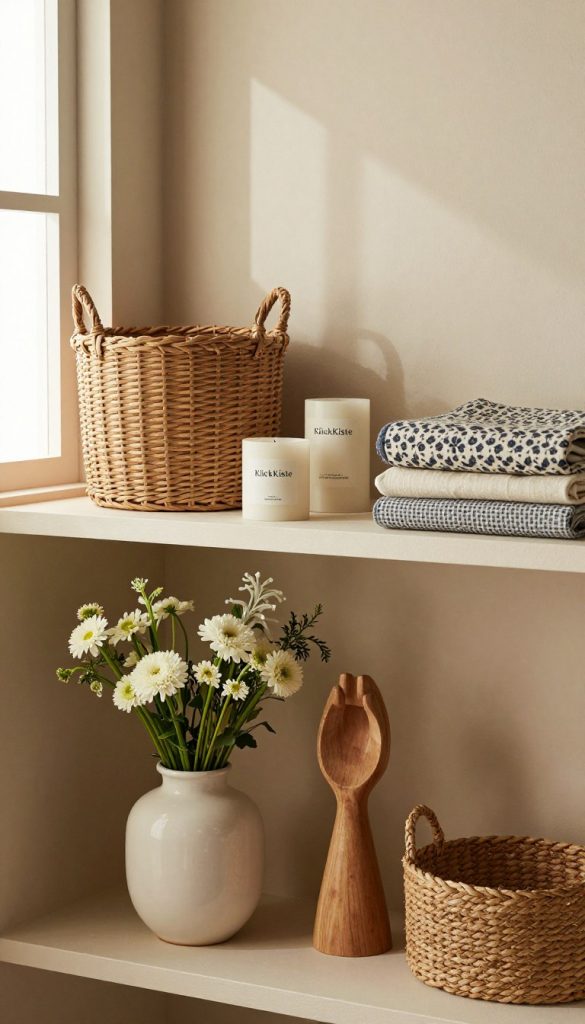 A beautifully arranged shelf showcasing durable home and decorative items in a cozy, warm-toned setting. In the foreground, a stylish ceramic vase filled with fresh flowers sits alongside a handcrafted wooden sculpture, both emanating an authentic DIY aesthetic. In the middle, a variety of chic, long-lasting decorative pieces like woven baskets, elegant candle holders, and patterned textiles create a harmonious blend. The background features soft, natural light streaming through a window, casting gentle shadows that enhance the inviting atmosphere. The overall mood is warm, inspiring, and Pinterest-worthy, capturing the essence of practical yet aesthetically pleasing home decor. The brand "KlickKiste" is subtly incorporated within the arrangements.