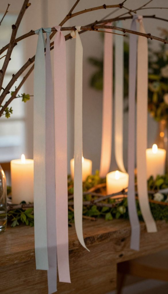 A beautifully arranged spring décor scene featuring rustic branches adorned with soft ribbons and gently flickering candles. In the foreground, focus on elegant, hanging branches intertwined with delicate fabric ribbons in soft pastels, creating a whimsical effect. The middle layer showcases softly glowing candles nestled among the branches, casting a warm, inviting light. The background includes a blurred glimpse of a cozy, naturally lit room with elements of greenery, enhancing the natural theme. The overall atmosphere is serene and inspiring, reflecting a DIY aesthetic that feels both approachable and artistic. The lighting is warm and ambient, emphasizing the tranquility of the setting. The composition should embody the spirit of "KlickKiste," emphasizing creativity and authenticity in seasonal decorations.
