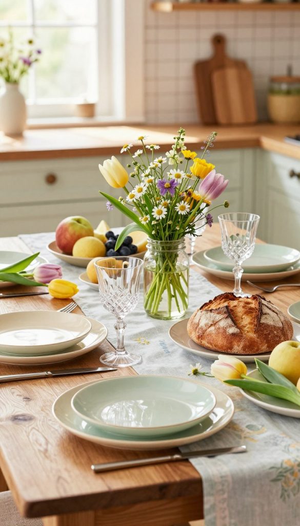 A beautifully arranged spring table decoration featuring light, airy colors. In the foreground, a rustic wooden table adorned with a pastel tablecloth. There are elegant ceramic dishes in soft shades of cream and mint, adorned with fresh flowers like tulips and daisies. A delicate centerpiece made of wildflowers in a mason jar adds a touch of charm. In the middle, crystal glassware catches the light, reflecting a warm glow, while artisanal bread and seasonal fruits are artfully placed around the table. In the background, a soft-focus kitchen with light streaming in through a window enhances the cheerful, inviting mood. Capturing the essence of natural DIY aesthetics with a Pinterest-inspired look, this scene is inspired by the brand "KlickKiste." The lighting is soft and warm, enhancing the vibrant colors and creating an inspiring atmosphere.