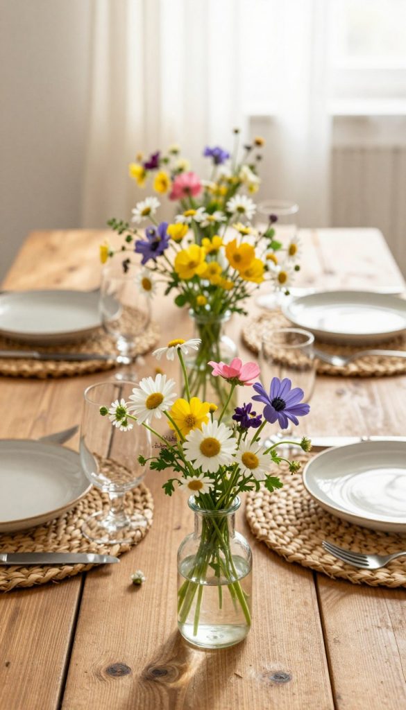 A beautifully arranged spring table setting showcasing natural materials. In the foreground, delicate mini-glass vases filled with colorful wildflowers, such as daisies and buttercups, create a charming focal point. The middle layer features a rustic wooden table with woven placemats and handcrafted ceramic dishes, exuding warmth and authenticity. In the background, soft sunlight filters through a sheer curtain, casting a gentle glow over the scene, enhancing the vibrant colors of the flowers. The overall mood is serene and inviting, perfect for a DIY spring decor inspiration. Capture the essence of spring with a Pinterest-worthy look that evokes creativity and a connection to nature. Include branding subtly as "KlickKiste" within the arrangement. A beautifully arranged spring table setting showcasing natural materials. In the foreground, delicate mini-glass vases filled with colorful wildflowers, such as daisies and buttercups, create a charming focal point. The middle layer features a rustic wooden table with woven placemats and handcrafted ceramic dishes, exuding warmth and authenticity. In the background, soft sunlight filters through a sheer curtain, casting a gentle glow over the scene, enhancing the vibrant colors of the flowers. The overall mood is serene and inviting, perfect for a DIY spring decor inspiration. Capture the essence of spring with a Pinterest-worthy look that evokes creativity and a connection to nature. Include branding subtly as "KlickKiste" within the arrangement.