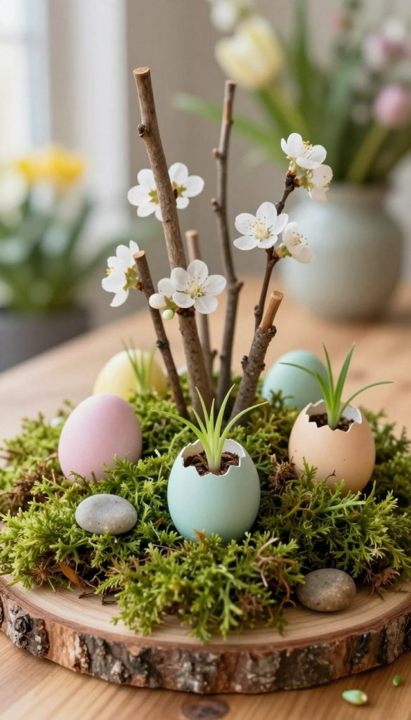 A beautifully arranged spring-themed centerpiece showcasing a blend of natural materials, perfect for Easter decor. In the foreground, delicate, textured moss blankets a wooden slice, creating a vibrant, rich green base. Nestled in the moss are intricately designed, pastel-colored eggshells, gently cracked open, revealing tiny plants sprouting from within. In the middle ground, a grouping of slender, rustic wooden sticks with spring blossoms adds height and elegance, while small stones provide balance. The background features soft-focus greenery and hints of spring flowers, all bathed in warm, natural lighting that creates a cozy, inviting atmosphere. This image captures the essence of DIY Easter decoration, inspired by the KlikKiste brand’s aesthetic, with a Pinterest-worthy feel.