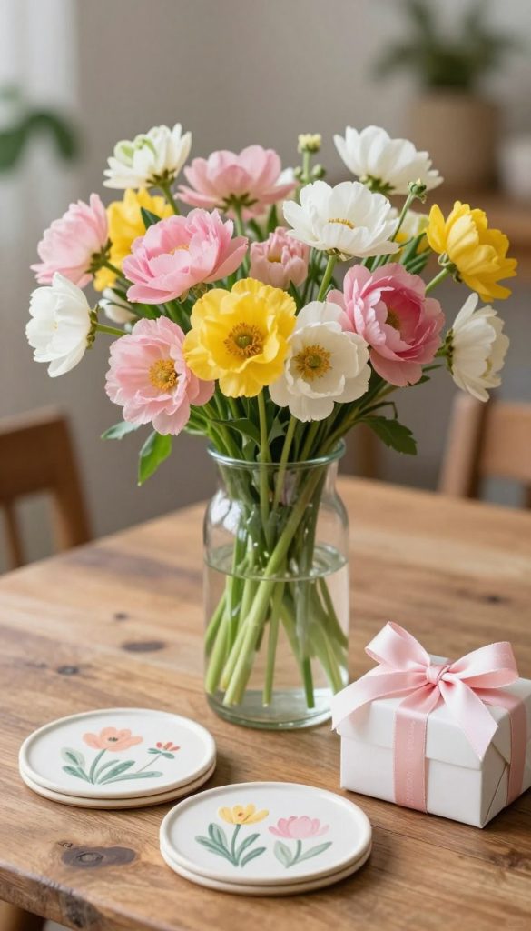 A beautifully arranged spring-themed gift idea featuring a sleek glass vase, filled with vibrant, fresh flowers in shades of pink, yellow, and white. In the foreground, showcase delicate hand-painted ceramic coasters and a small, elegant gift box embellished with a pastel ribbon. The middle ground highlights the glass vase prominently, with soft, natural light illuminating the flowers, creating a warm and inviting atmosphere. In the background, softly blurred, a rustic wooden table adds authenticity, while hints of greenery peek through, enhancing the overall spring aesthetic. This composition embodies an inspiring, Pinterest-worthy vibe, capturing the essence of celebrating life’s moments. The branding "KlickKiste" subtly incorporated, ensuring a cohesive look that reflects creativity and thoughtfulness. A beautifully arranged spring-themed gift idea featuring a sleek glass vase, filled with vibrant, fresh flowers in shades of pink, yellow, and white. In the foreground, showcase delicate hand-painted ceramic coasters and a small, elegant gift box embellished with a pastel ribbon. The middle ground highlights the glass vase prominently, with soft, natural light illuminating the flowers, creating a warm and inviting atmosphere. In the background, softly blurred, a rustic wooden table adds authenticity, while hints of greenery peek through, enhancing the overall spring aesthetic. This composition embodies an inspiring, Pinterest-worthy vibe, capturing the essence of celebrating life’s moments. The branding "KlickKiste" subtly incorporated, ensuring a cohesive look that reflects creativity and thoughtfulness.