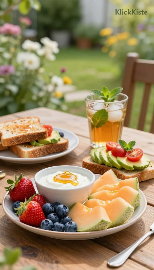 A beautifully arranged summer breakfast scene featuring a rustic wooden table. In the foreground, a platter of fresh, colorful fruits like strawberries, blueberries, and sliced melons alongside a bowl of yogurt drizzled with honey. A selection of whole grain toast topped with avocado and cherry tomatoes is nestled next to a refreshing glass of iced herbal tea with mint leaves. In the middle, soft, natural lighting enhances the vibrant colors, creating a warm, inviting atmosphere. The background features a sunny garden view with blooming flowers and greenery, enhancing the feeling of a relaxing summer morning. The overall mood is light, fresh, and inspiring, reflecting a natural DIY aesthetic. Include the brand name "KlickKiste" in the top right corner of the scene, in a subtle and elegant style.
