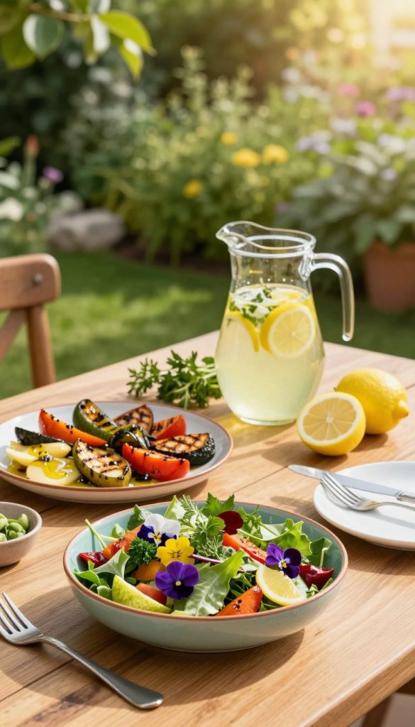 A beautifully arranged summer dish for guests, presented on an elegant wooden table. In the foreground, a colorful bowl filled with a fresh mixed salad, garnished with vibrant herbs and edible flowers. Next to it, a platter of grilled vegetables drizzled with olive oil, showcasing an array of bright colors. In the middle, a rustic pitcher filled with refreshing lemonade, surrounded by fresh herbs and slices of lemon. The background features a lush green garden, softly blurred to create depth, with warm sunlight filtering through the leaves, enhancing the inviting atmosphere. The scene embodies a cheerful, relaxed mood, perfect for summer dining. Include a tasteful brand element of "KlickKiste" subtly incorporated in the table setting.
