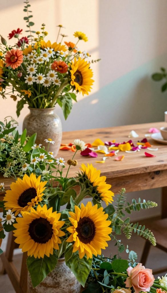 A beautifully arranged summer floral decoration featuring vibrant, natural flowers in warm colors, creating an authentic and inspiring Pinterest aesthetic. In the foreground, a mix of sunflowers, daisies, and wildflowers in a rustic vase, surrounded by lush green foliage. In the middle ground, a wooden table adorned with colorful petals scattered elegantly, adding contrast and liveliness. The background showcases a softly blurred wall painted in pastel tones, enhancing the cheerful atmosphere. The lighting is warm and inviting, reminiscent of late afternoon sunlight, creating gentle shadows and highlights. Capture this scene with a slight overhead angle, emphasizing depth and layering. The overall mood should evoke a sense of joy and comfort, perfectly embodying the essence of DIY decor from KlickKiste. A beautifully arranged summer floral decoration featuring vibrant, natural flowers in warm colors, creating an authentic and inspiring Pinterest aesthetic. In the foreground, a mix of sunflowers, daisies, and wildflowers in a rustic vase, surrounded by lush green foliage. In the middle ground, a wooden table adorned with colorful petals scattered elegantly, adding contrast and liveliness. The background showcases a softly blurred wall painted in pastel tones, enhancing the cheerful atmosphere. The lighting is warm and inviting, reminiscent of late afternoon sunlight, creating gentle shadows and highlights. Capture this scene with a slight overhead angle, emphasizing depth and layering. The overall mood should evoke a sense of joy and comfort, perfectly embodying the essence of DIY decor from KlickKiste.