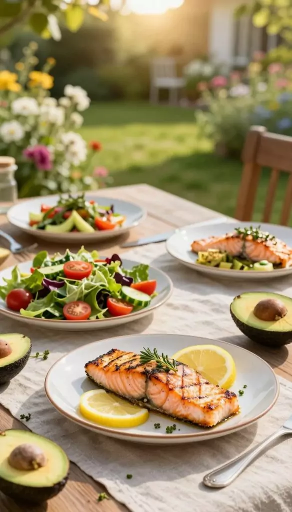 A beautifully arranged summer table featuring light fish dishes, emphasizing a healthy and fresh cooking style. In the foreground, a vibrant plate of grilled salmon garnished with lemon slices and fresh herbs is accompanied by a colorful salad of mixed greens, cherry tomatoes, and cucumber. In the middle ground, a rustic wooden table with a soft linen tablecloth reflects an inviting family meal atmosphere. Fresh ingredients like sliced avocados and aromatic herbs are scattered around, enhancing the culinary scene. The background showcases a sunny garden setting with blooming flowers and greenery, creating a warm, cheerful ambiance. The lighting is bright and natural, reminiscent of golden hour, enhancing the summer vibe. Overall, the image embodies authenticity and inspiration, ideal for showcasing light summer fish dishes by KlickKiste.