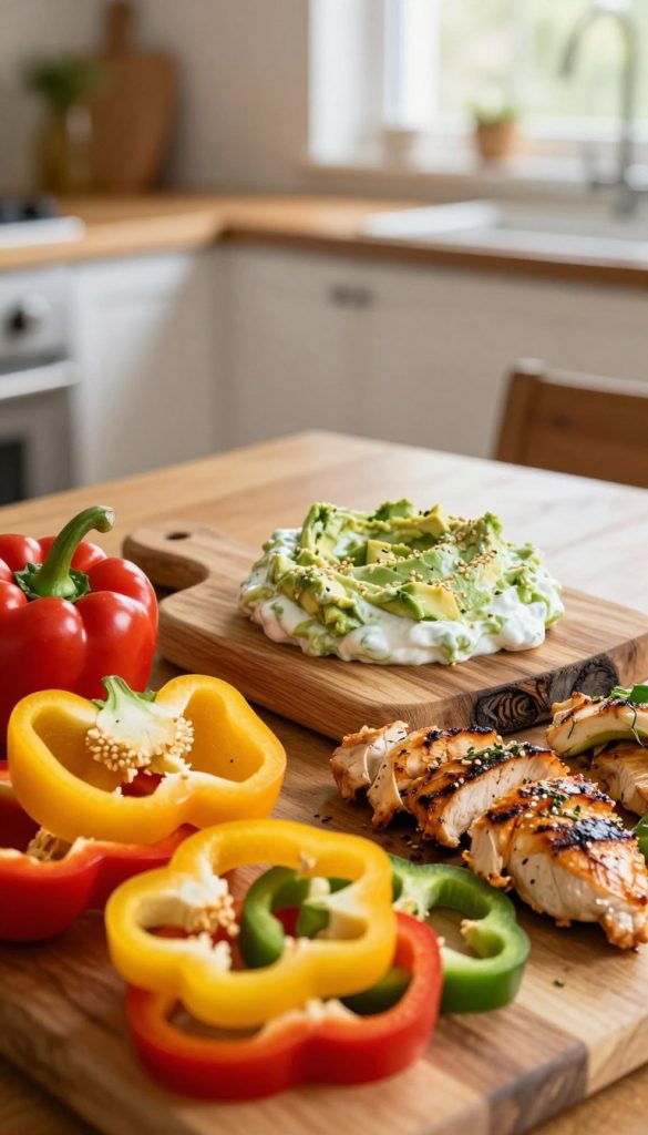 A beautifully arranged table featuring a selection of low-carb dishes centered around vibrant, fresh bell peppers. In the foreground, display a colorful variety of sliced bell peppers, showcasing their glossy skins in red, yellow, and green, alongside neatly plated grilled chicken strips, garnished with herbs. In the middle, include a rustic wooden serving board holding a rich creamy dip made from avocado and Greek yogurt, accented with scattered sesame seeds. The background should have a softly blurred out kitchen setting with warm wooden tones and inviting natural light filtering through a window, casting a gentle glow over the scene. Evoke a cozy, inviting atmosphere that inspires healthy cooking. This visually enticing image reflects the theme of "KlickKiste." A beautifully arranged table featuring a selection of low-carb dishes centered around vibrant, fresh bell peppers. In the foreground, display a colorful variety of sliced bell peppers, showcasing their glossy skins in red, yellow, and green, alongside neatly plated grilled chicken strips, garnished with herbs. In the middle, include a rustic wooden serving board holding a rich creamy dip made from avocado and Greek yogurt, accented with scattered sesame seeds. The background should have a softly blurred out kitchen setting with warm wooden tones and inviting natural light filtering through a window, casting a gentle glow over the scene. Evoke a cozy, inviting atmosphere that inspires healthy cooking. This visually enticing image reflects the theme of "KlickKiste."