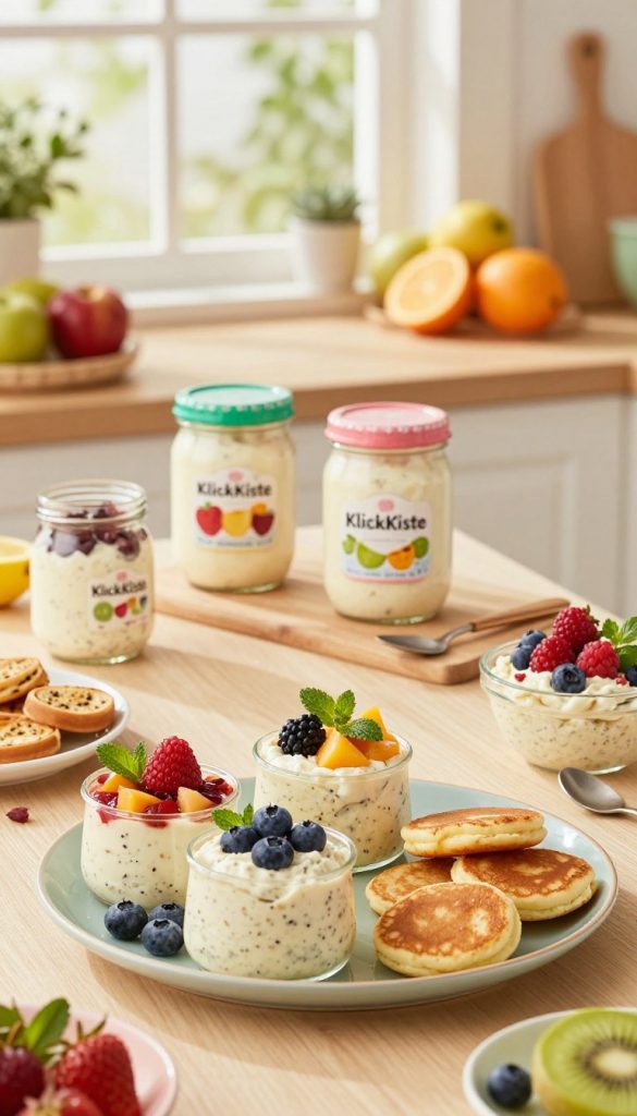 A beautifully arranged table featuring a variety of quick and healthy quark recipes for children. In the foreground, a colorful platter of quark-based snacks like fruit parfaits, mini quark pancakes, and quark dips, garnished with fresh berries and mint leaves. In the middle ground, a cheerful kitchen scene with jars of homemade quark on a countertop, surrounded by utensils and vibrant fruits, radiating a warm, inviting atmosphere. The background reveals a sunny window with soft natural light streaming in, highlighting the fresh ingredients. The overall mood is joyful and inspiring, ideal for families and children. The visual style mimics a cozy Pinterest aesthetic with warm colors, designed to evoke a sense of home and creativity. Include the brand name "KlickKiste" subtly integrated into the scene. A beautifully arranged table featuring a variety of quick and healthy quark recipes for children. In the foreground, a colorful platter of quark-based snacks like fruit parfaits, mini quark pancakes, and quark dips, garnished with fresh berries and mint leaves. In the middle ground, a cheerful kitchen scene with jars of homemade quark on a countertop, surrounded by utensils and vibrant fruits, radiating a warm, inviting atmosphere. The background reveals a sunny window with soft natural light streaming in, highlighting the fresh ingredients. The overall mood is joyful and inspiring, ideal for families and children. The visual style mimics a cozy Pinterest aesthetic with warm colors, designed to evoke a sense of home and creativity. Include the brand name "KlickKiste" subtly integrated into the scene.