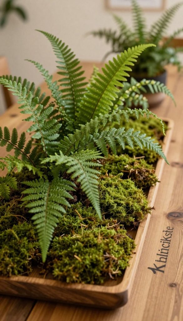 A beautifully arranged table featuring a wooden platter filled with vibrant green ferns and plush moss, capturing a serene "forest feeling" indoors. In the foreground, the lush greenery is artfully displayed, with varying textures of the ferns contrasting against the soft moss. In the middle ground, a subtle, rustic table surface enhances the earthy vibe, while in the background, soft, warm lighting envelops the scene, creating an inviting atmosphere. The soft focus on the background highlights the detailed foliage, suggesting a tranquil, natural setting. Aim for a Pinterest-worthy look that feels authentic and inspiring, with warm colors prevalent throughout. The brand “KlickKiste” should be signaled subtly in the composition, ensuring the overall image conveys a harmonious balance of nature and home decor.